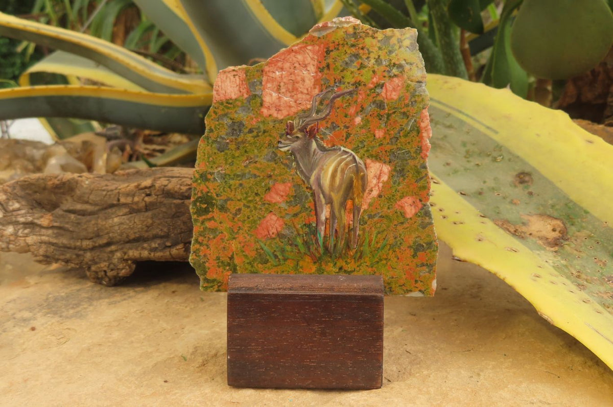 Hand Made Kudu Buck Decoupage on Unakite Stone Slabs - sold per item - From Southern Africa - Toprock Gemstones and Minerals 