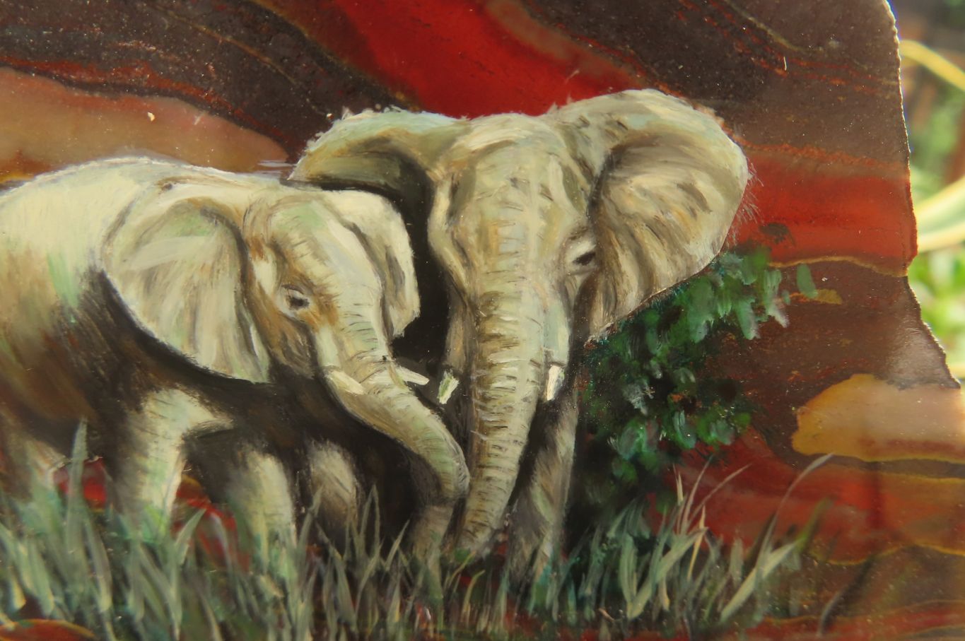 Hand Made Elephant Family Decoupage on Tiger Iron Jasper Stone Slabs - Sold Per Item - From South Africa - Toprock Gemstones and Minerals 