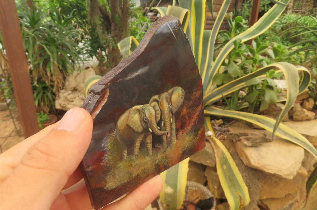 Hand Made Elephant Family Decoupage on Tiger Iron Jasper Stone Slabs - Sold Per Item - From South Africa - Toprock Gemstones and Minerals 