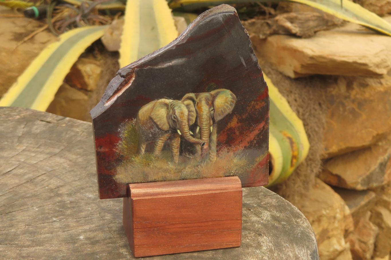 Hand Made Elephant Family Decoupage on Tiger Iron Jasper Stone Slabs - Sold Per Item - From South Africa - Toprock Gemstones and Minerals 