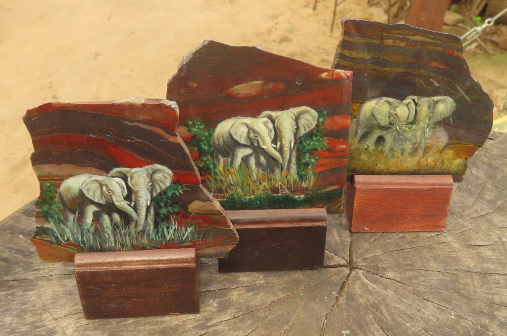 Hand Made Elephant Family Decoupage on Tiger Iron Jasper Stone Slabs - Sold Per Item - From South Africa - Toprock Gemstones and Minerals 