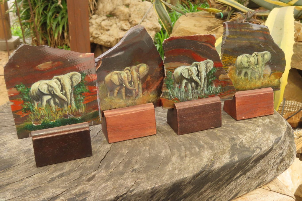 Hand Made Elephant Family Decoupage on Tiger Iron Jasper Stone Slabs - Sold Per Item - From South Africa - Toprock Gemstones and Minerals 