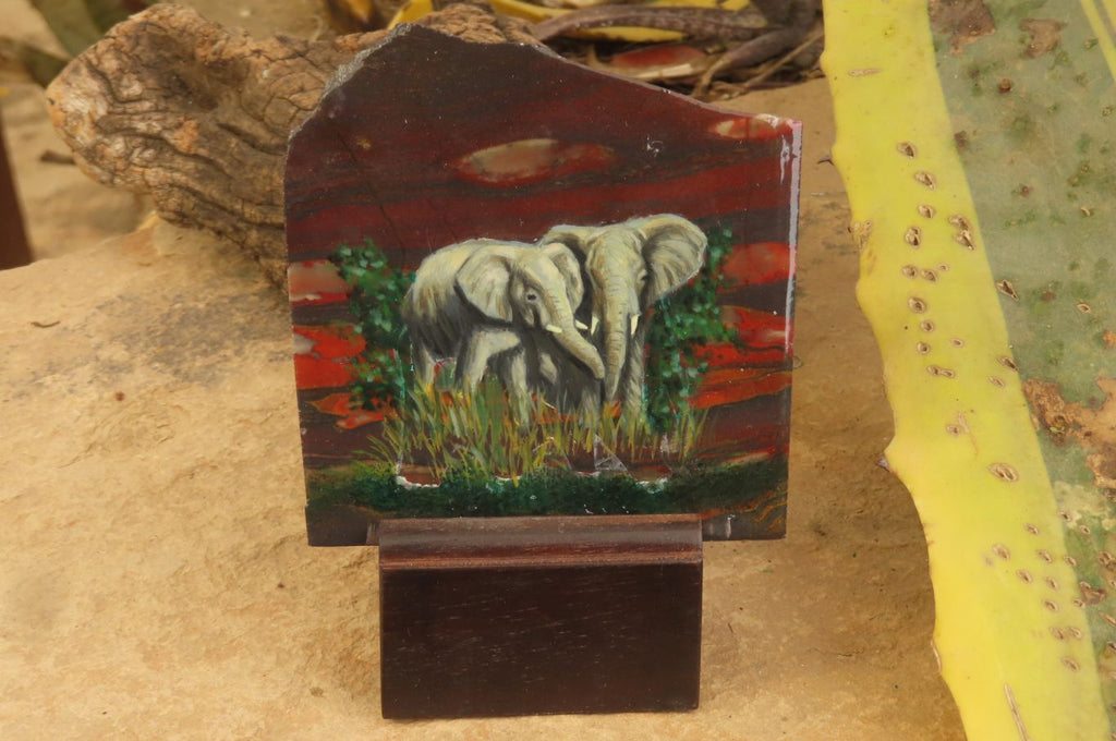 Hand Made Elephant Family Decoupage on Tiger Iron Jasper Stone Slabs - Sold Per Item - From South Africa - Toprock Gemstones and Minerals 