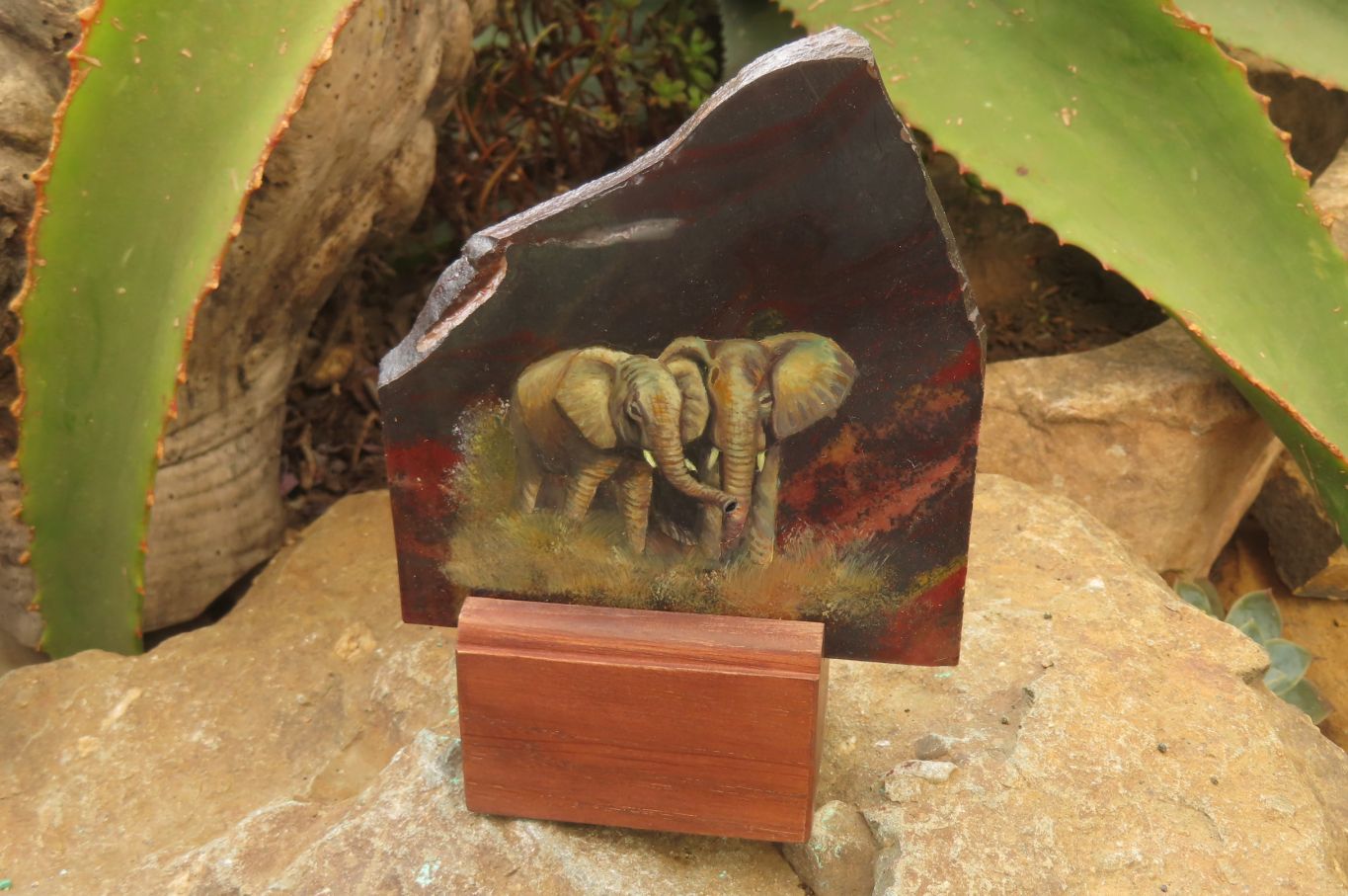 Hand Made Elephant Family Decoupage on Tiger Iron Jasper Stone Slabs - Sold Per Item - From South Africa - Toprock Gemstones and Minerals 