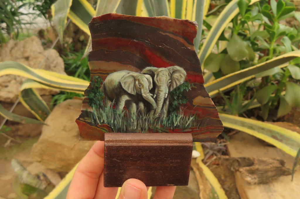 Hand Made Elephant Family Decoupage on Tiger Iron Jasper Stone Slabs - Sold Per Item - From South Africa - Toprock Gemstones and Minerals 
