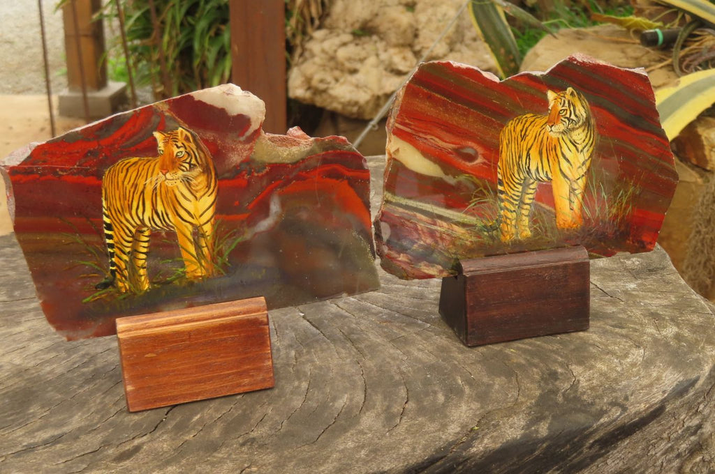 Hand Made Tigers Decoupage on Banded Tiger Iron Jasper Stone Slabs - Sold Per Item - From South Africa - Toprock Gemstones and Minerals 