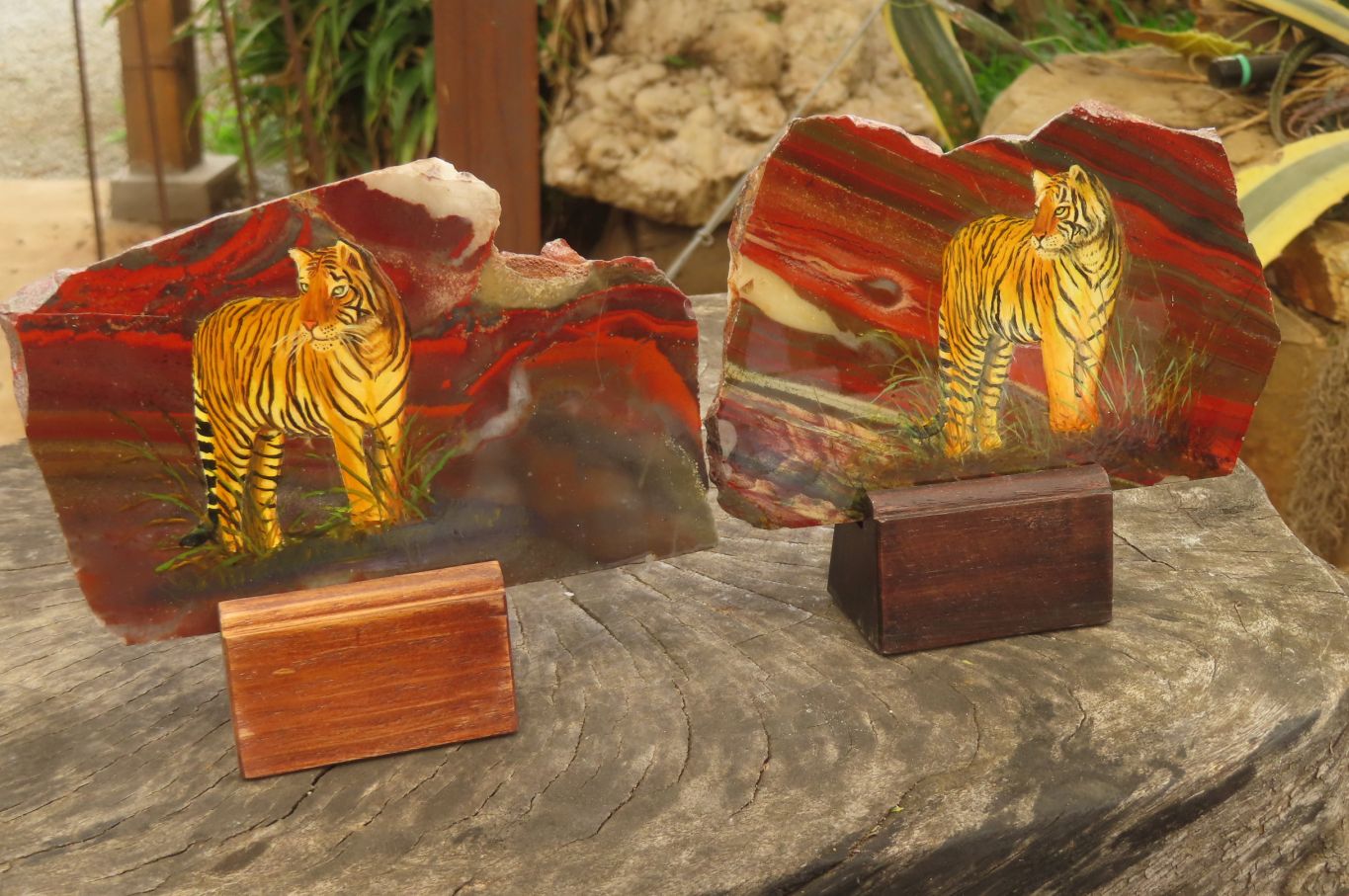 Hand Made Tigers Decoupage on Banded Tiger Iron Jasper Stone Slabs - Sold Per Item - From South Africa - Toprock Gemstones and Minerals 