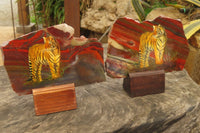 Hand Made Tigers Decoupage on Banded Tiger Iron Jasper Stone Slabs - Sold Per Item - From South Africa - Toprock Gemstones and Minerals 