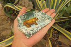 Hand Made Grizzly Bear Fishing Decoupage on Moss Agate Stone Slabs - sold per item - From South Africa - Toprock Gemstones and Minerals 