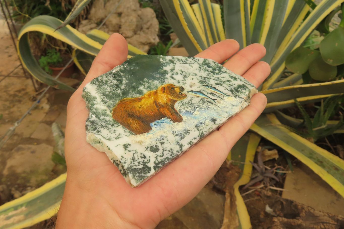 Hand Made Grizzly Bear Fishing Decoupage on Moss Agate Stone Slabs - sold per item - From South Africa - Toprock Gemstones and Minerals 