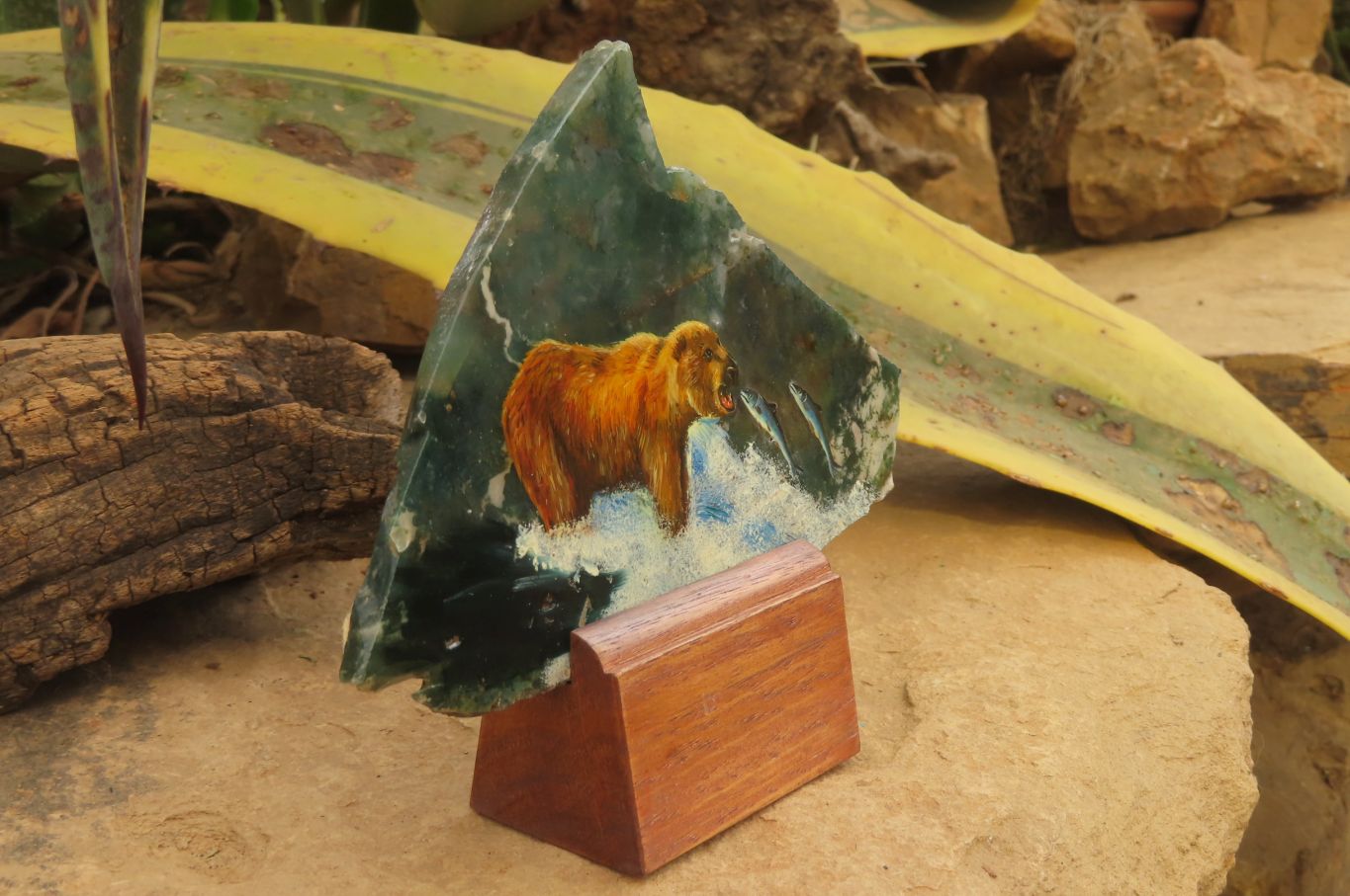 Hand Made Grizzly Bear Fishing Decoupage on Moss Agate Stone Slabs - sold per item - From South Africa - Toprock Gemstones and Minerals 