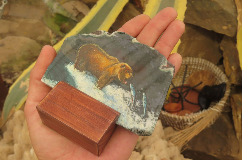 Hand Made Grizzly Bear Fishing Decoupage on Moss Agate Stone Slabs - sold per item - From South Africa - Toprock Gemstones and Minerals 
