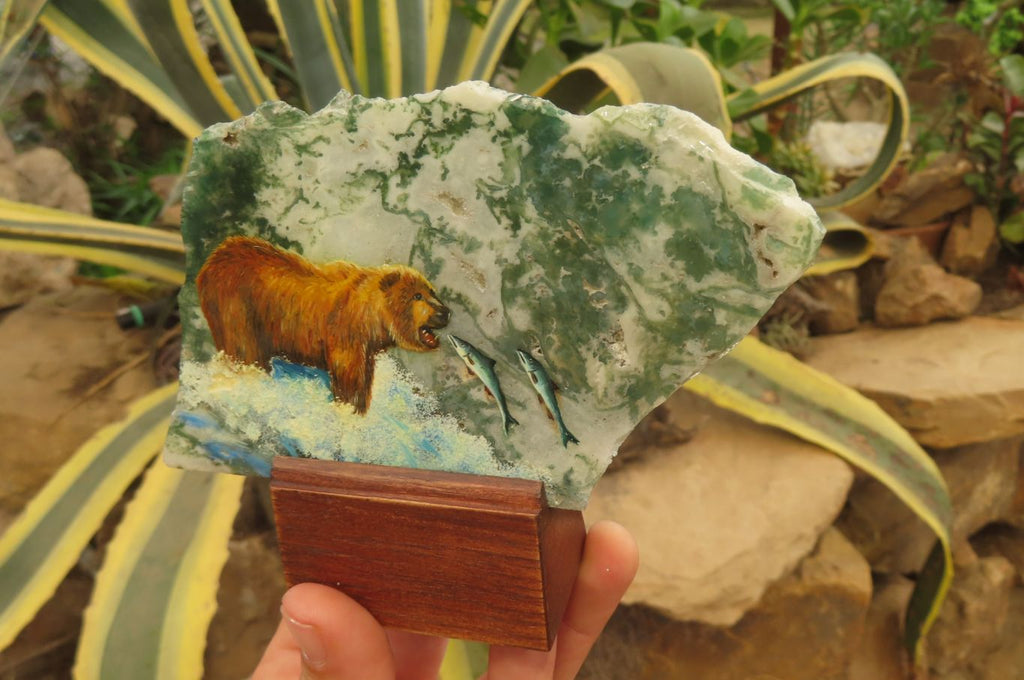 Hand Made Grizzly Bear Fishing Decoupage on Moss Agate Stone Slabs - sold per item - From South Africa - Toprock Gemstones and Minerals 