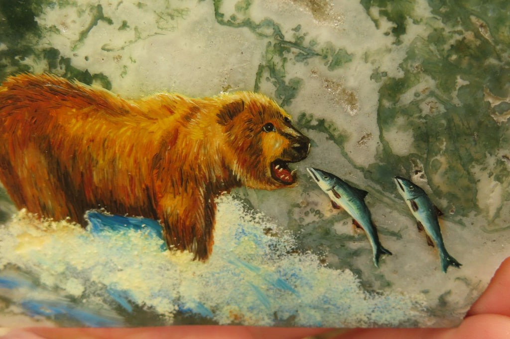 Hand Made Grizzly Bear Fishing Decoupage on Moss Agate Stone Slabs - sold per item - From South Africa - Toprock Gemstones and Minerals 