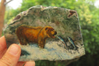 Hand Made Grizzly Bear Fishing Decoupage on Moss Agate Stone Slabs - sold per item - From South Africa - Toprock Gemstones and Minerals 