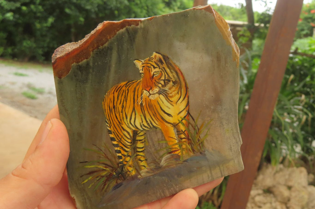 Hand Made Tiger Decoupage on Polychrome Jasper Stone Slabs - sold per item - From Madagascar - Toprock Gemstones and Minerals 