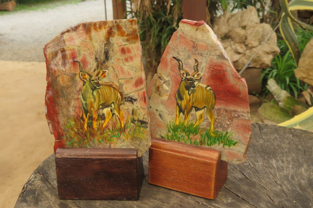 Hand Made African Kudu Buck Decoupage on Brecciated Jasper Stone Slabs - Sold Per Item - From South Africa - Toprock Gemstones and Minerals 