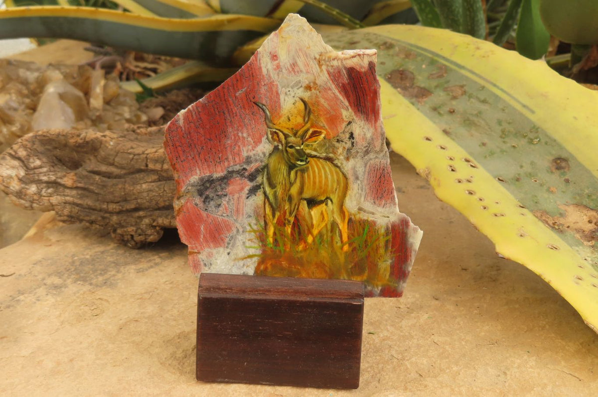 Hand Made African Kudu Buck Decoupage on Brecciated Jasper Stone Slabs - Sold Per Item - From South Africa - Toprock Gemstones and Minerals 