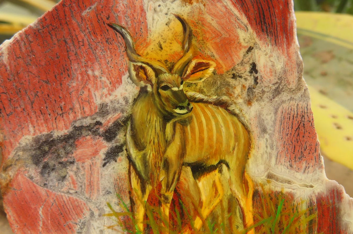 Hand Made African Kudu Buck Decoupage on Brecciated Jasper Stone Slabs - Sold Per Item - From South Africa - Toprock Gemstones and Minerals 