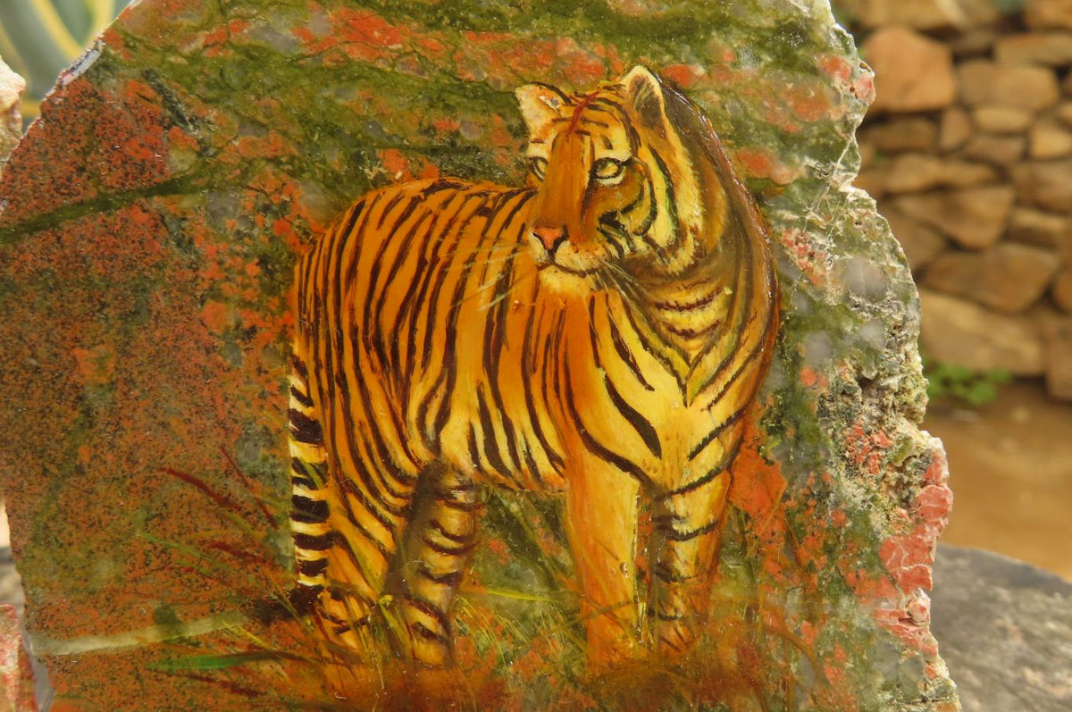 Hand Made Tiger Decoupage on Unakite Stone Slabs - sold per item - From Southern Africa - Toprock Gemstones and Minerals 