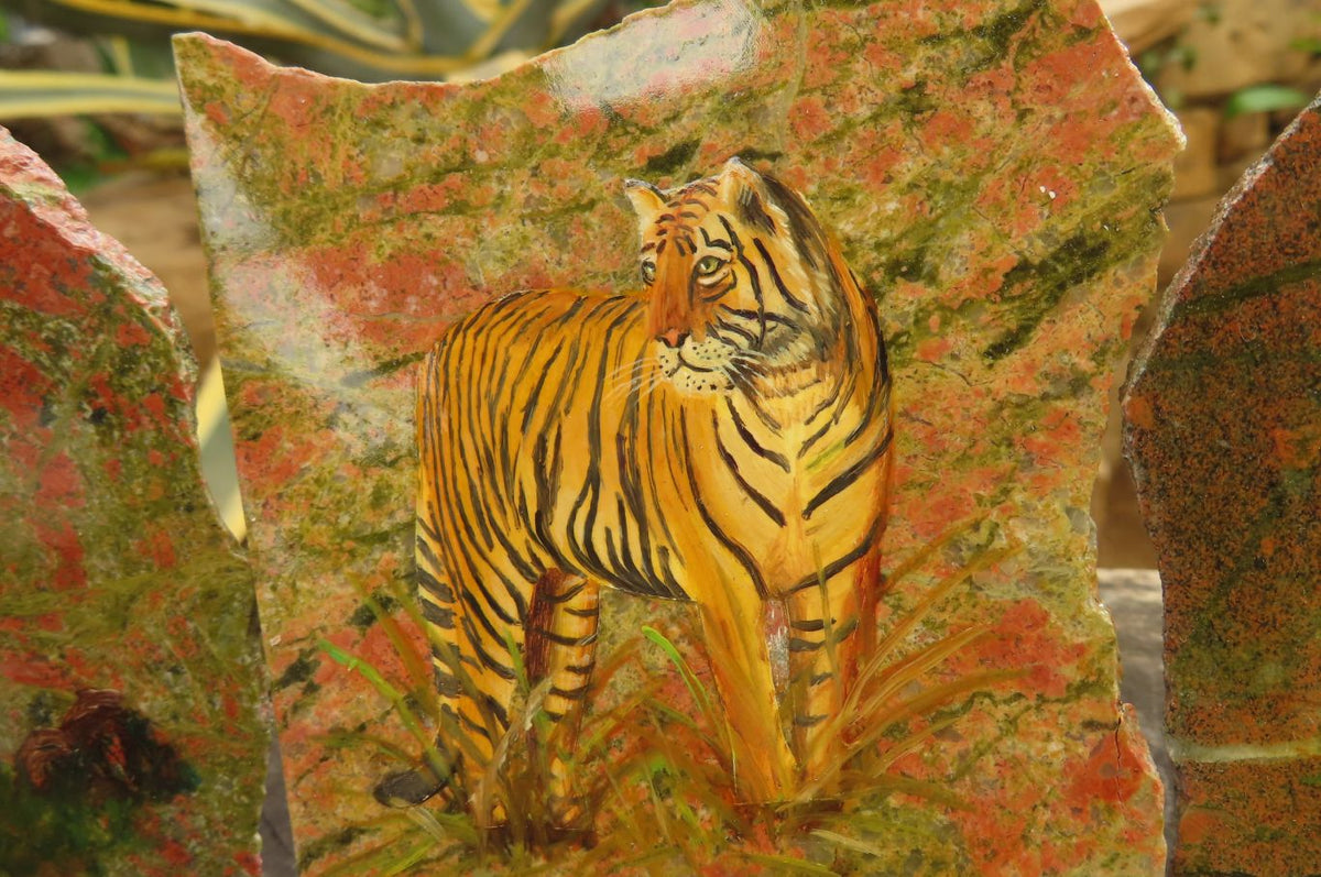 Hand Made Tiger Decoupage on Unakite Stone Slabs - sold per item - From Southern Africa - Toprock Gemstones and Minerals 