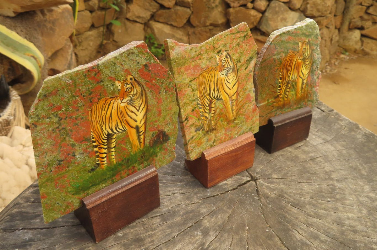 Hand Made Tiger Decoupage on Unakite Stone Slabs - sold per item - From Southern Africa - Toprock Gemstones and Minerals 