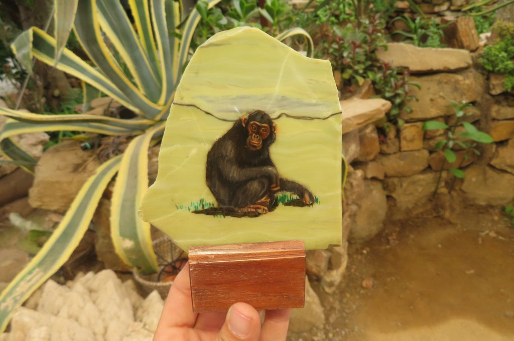 Hand Made Chimpanzee Decoupage on Butter Jade Stone Slabs - sold per item - From South Africa - Toprock Gemstones and Minerals 