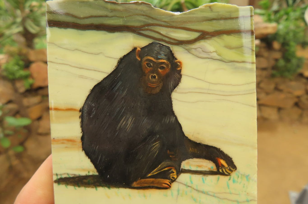 Hand Made Chimpanzee Decoupage on Butter Jade Stone Slabs - sold per item - From South Africa - Toprock Gemstones and Minerals 