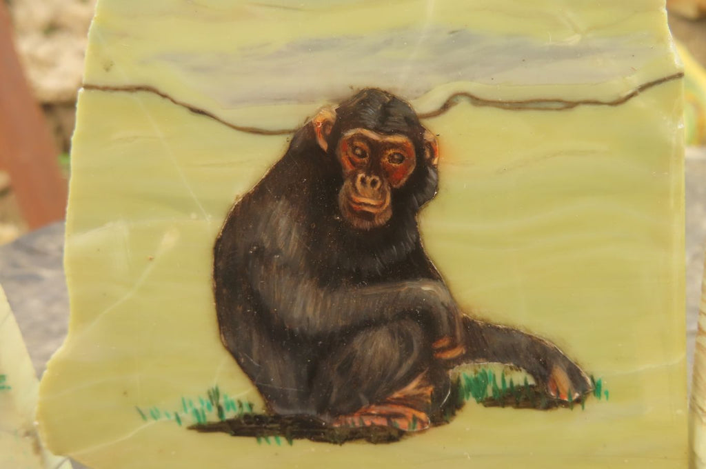 Hand Made Chimpanzee Decoupage on Butter Jade Stone Slabs - sold per item - From South Africa - Toprock Gemstones and Minerals 