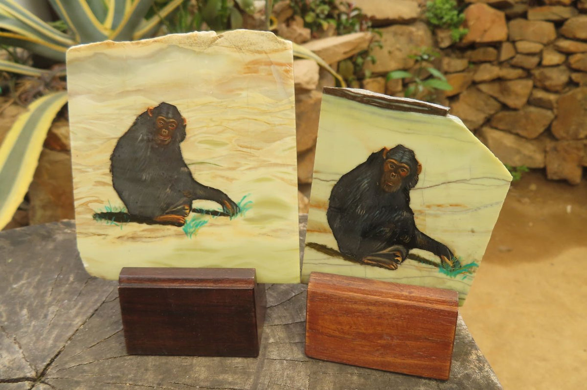 Hand Made Chimpanzee Decoupage on Butter Jade Stone Slabs - sold per item - From South Africa - Toprock Gemstones and Minerals 
