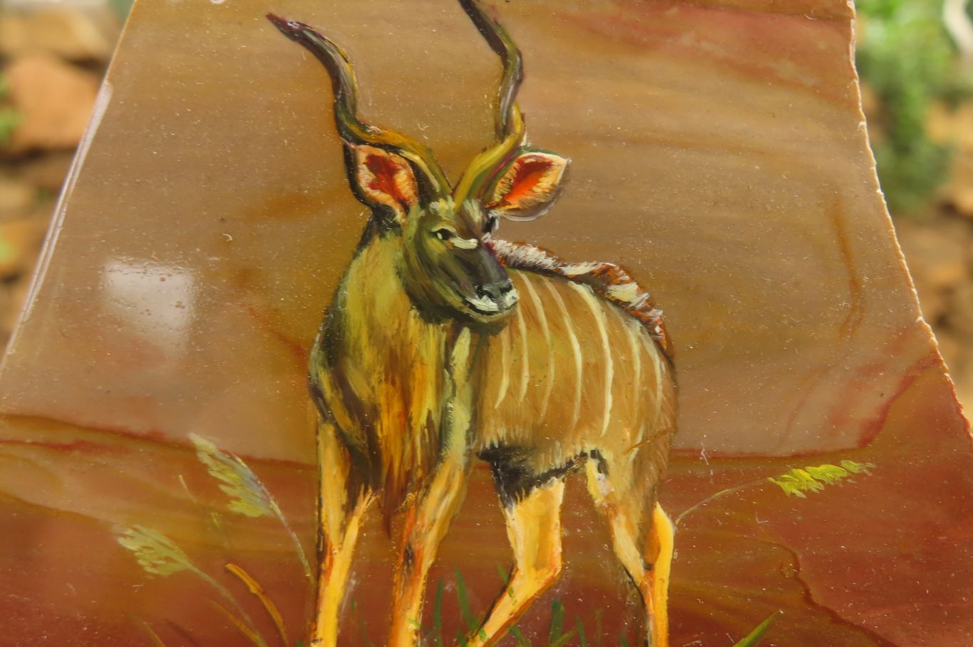 Hand Made African Kudu Buck Decoupage on Polychrome Jasper Stone Slabs - sold per item - From Madagascar - Toprock Gemstones and Minerals 