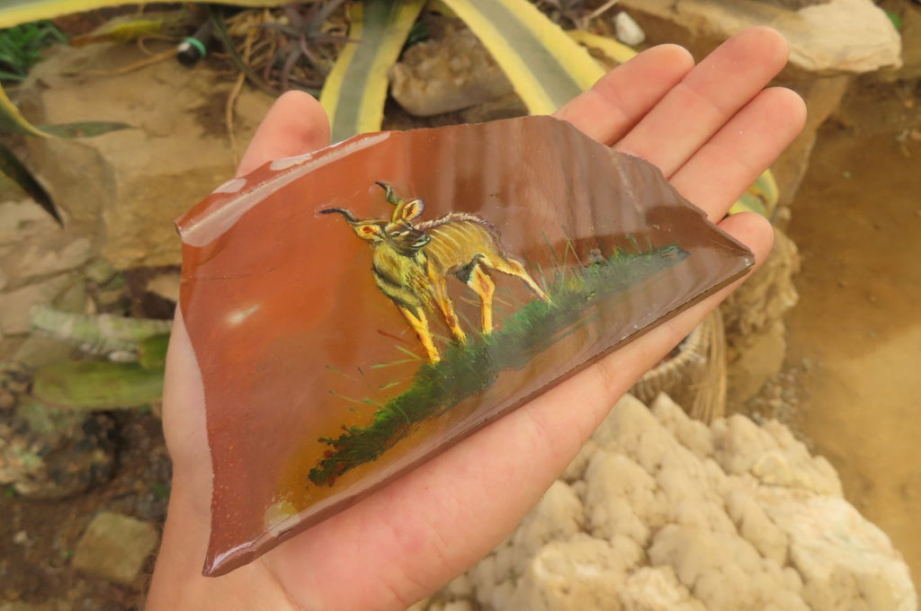 Hand Made African Kudu Buck Decoupage on Polychrome Jasper Stone Slabs - sold per item - From Madagascar - Toprock Gemstones and Minerals 