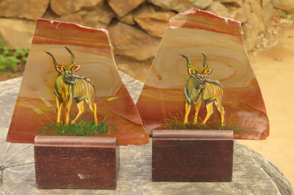 Hand Made African Kudu Buck Decoupage on Polychrome Jasper Stone Slabs - sold per item - From Madagascar - Toprock Gemstones and Minerals 