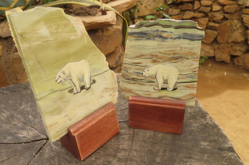 Hand Made Polar Bear Decoupage on Butter Jade Stone Slabs - sold per item - From South Africa - Toprock Gemstones and Minerals 