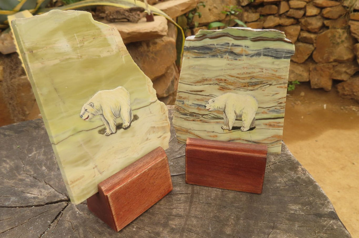 Hand Made Polar Bear Decoupage on Butter Jade Stone Slabs - sold per item - From South Africa - Toprock Gemstones and Minerals 