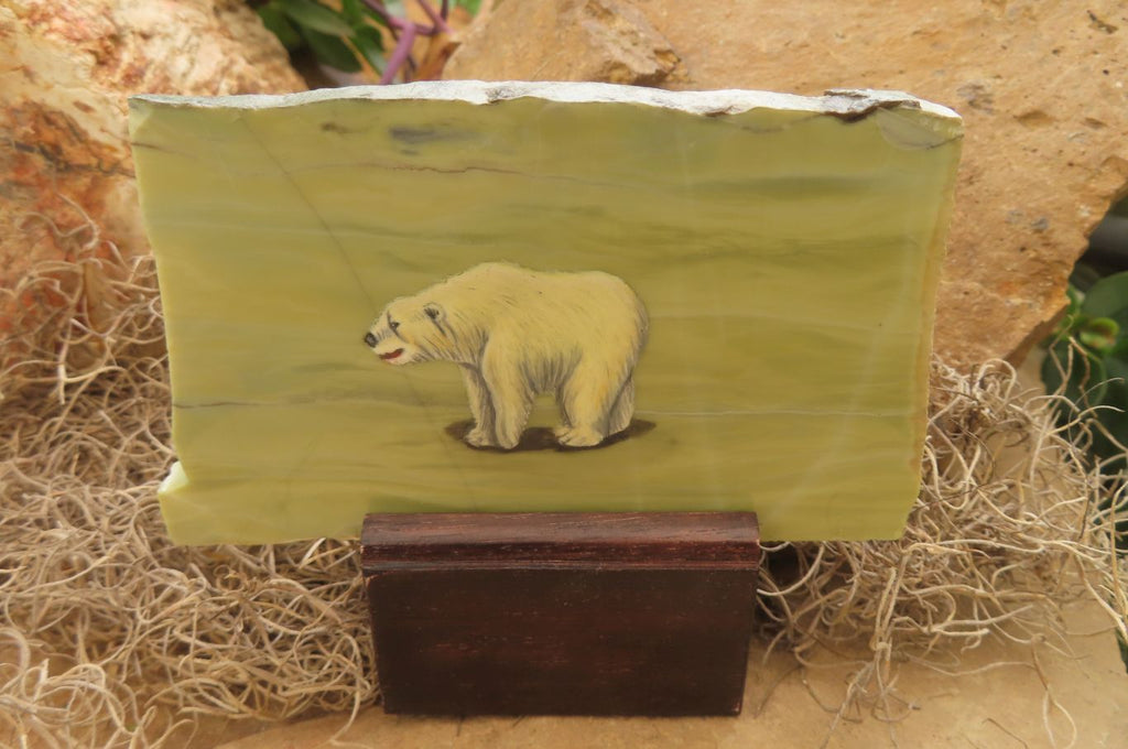 Hand Made Polar Bear Decoupage on Butter Jade Stone Slabs - sold per item - From South Africa - Toprock Gemstones and Minerals 