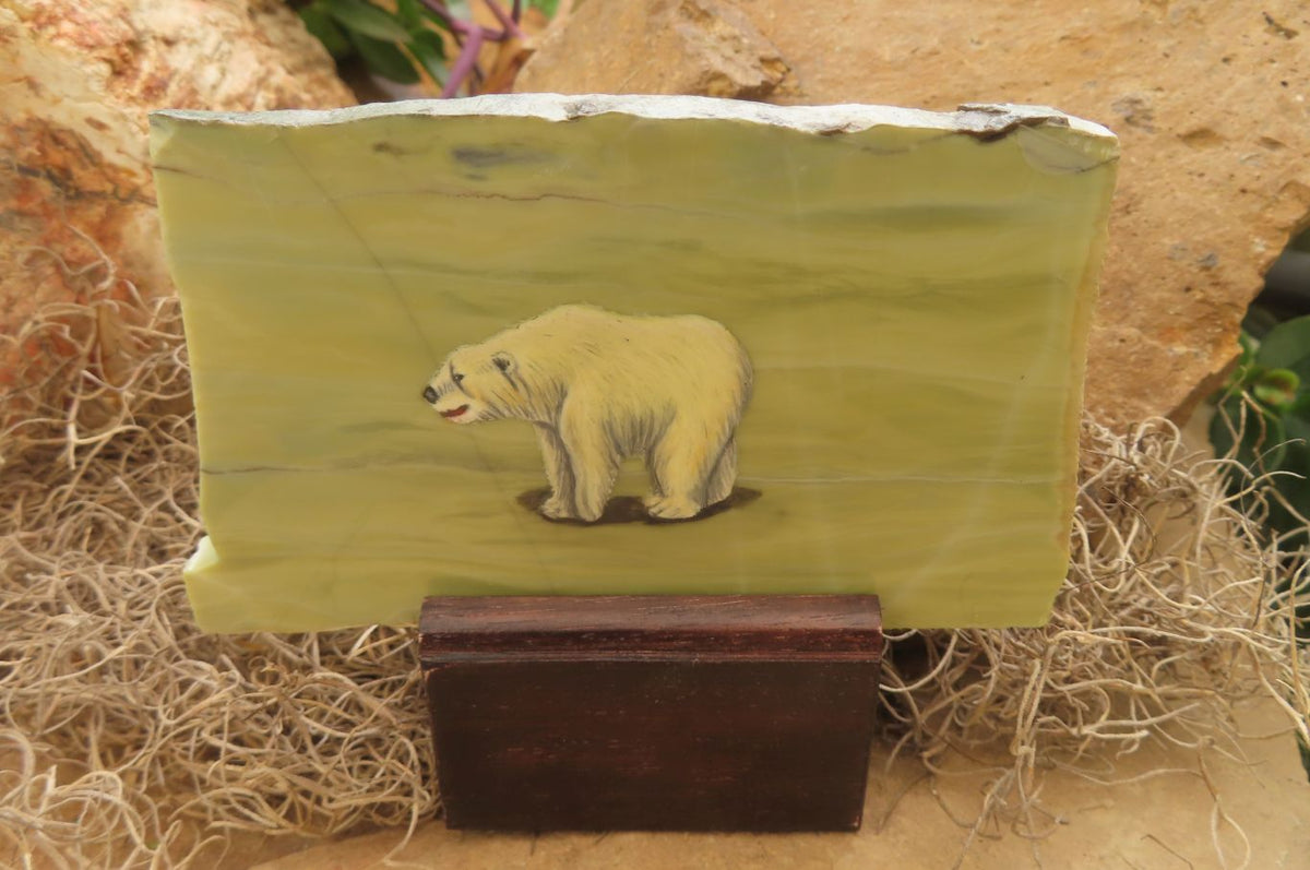 Hand Made Polar Bear Decoupage on Butter Jade Stone Slabs - sold per item - From South Africa - Toprock Gemstones and Minerals 