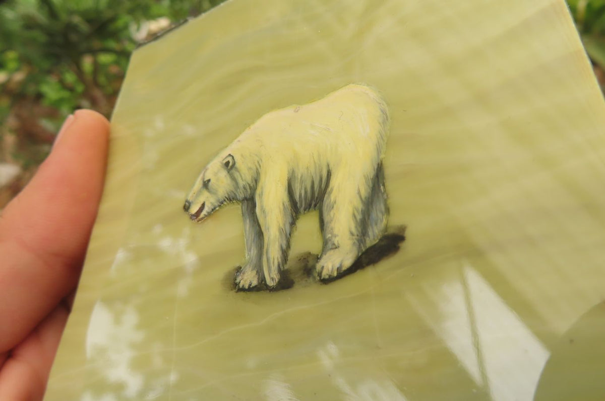 Hand Made Polar Bear Decoupage on Butter Jade Stone Slabs - sold per item - From South Africa - Toprock Gemstones and Minerals 
