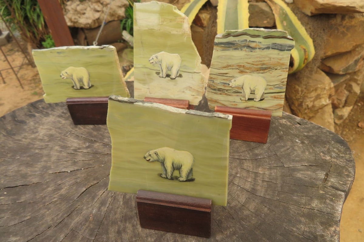 Hand Made Polar Bear Decoupage on Butter Jade Stone Slabs - sold per item - From South Africa - Toprock Gemstones and Minerals 