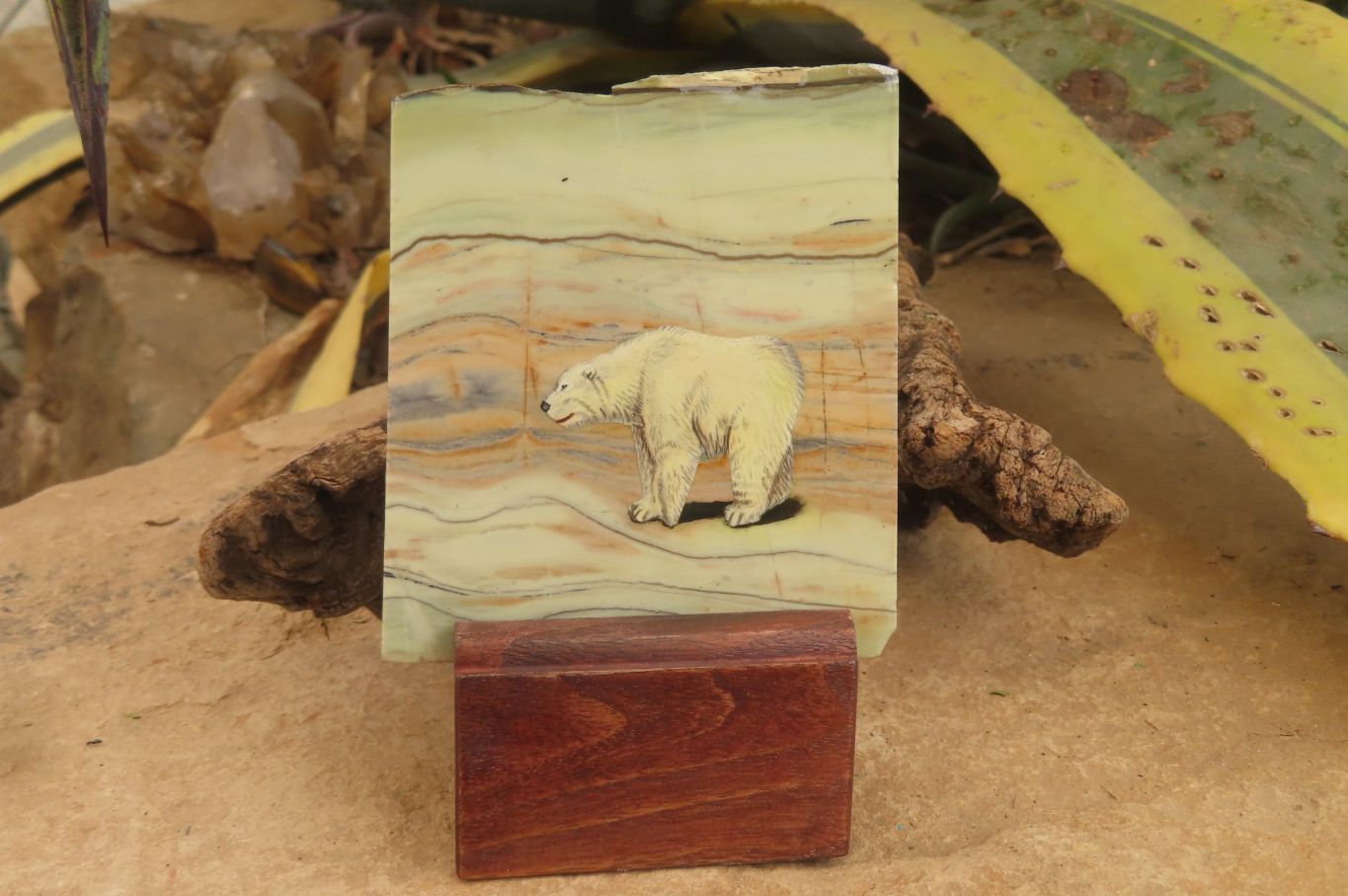 Hand Made Polar Bear Decoupage on Butter Jade Stone Slabs - sold per item - From South Africa - Toprock Gemstones and Minerals 