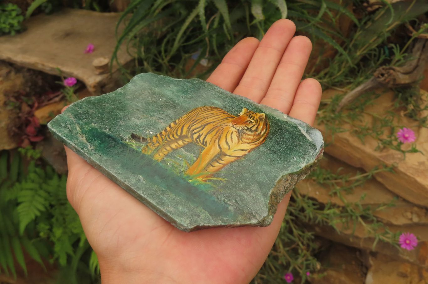 Hand Made Tiger Decoupage on Green Fuchsite Stone Slabs - sold per item - From Zimbabwe - Toprock Gemstones and Minerals 