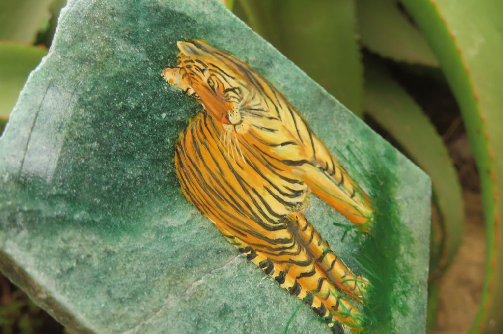 Hand Made Tiger Decoupage on Green Fuchsite Stone Slabs - sold per item - From Zimbabwe - Toprock Gemstones and Minerals 