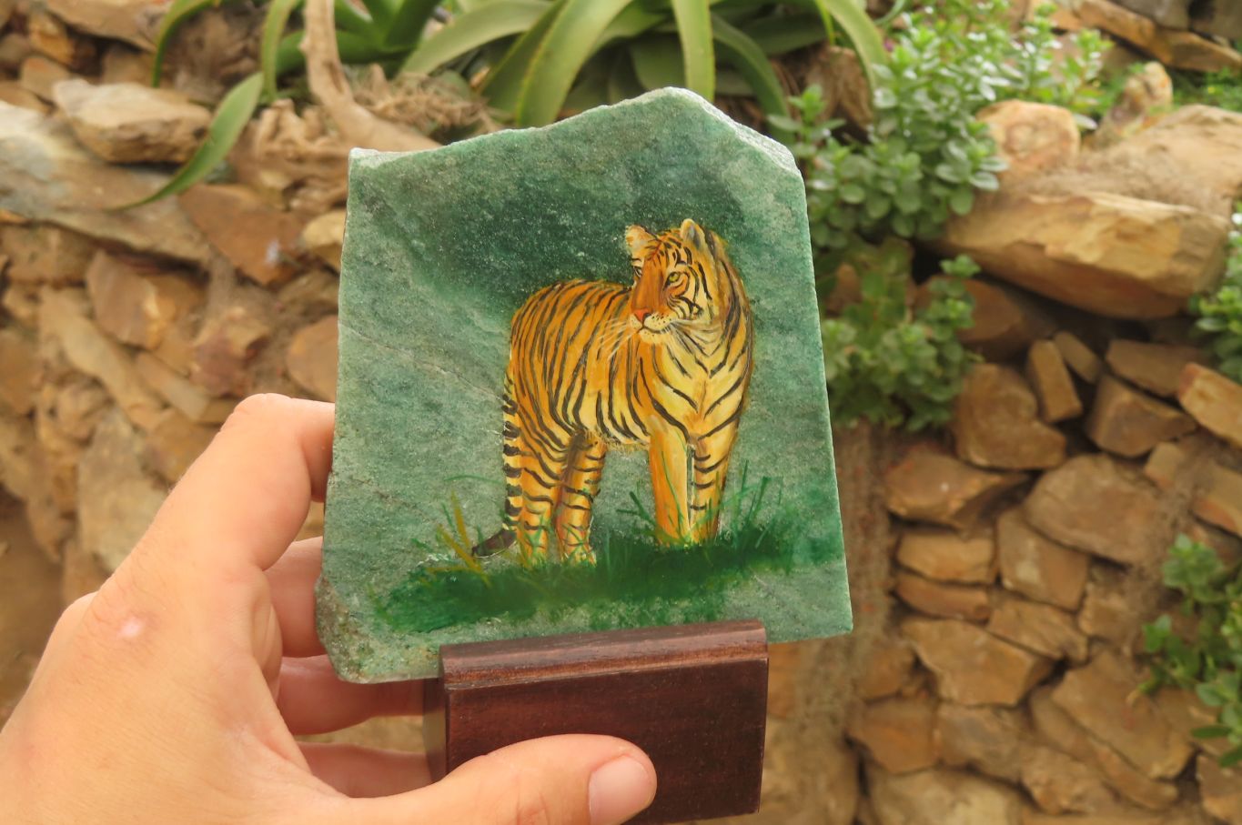 Hand Made Tiger Decoupage on Green Fuchsite Stone Slabs - sold per item - From Zimbabwe - Toprock Gemstones and Minerals 