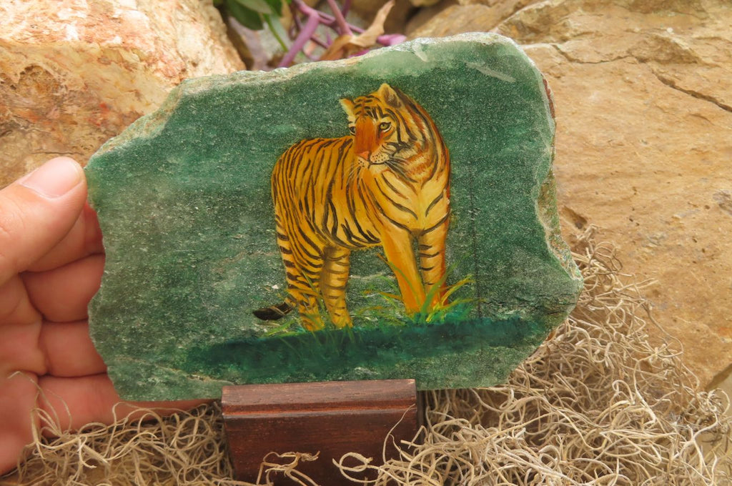 Hand Made Tiger Decoupage on Green Fuchsite Stone Slabs - sold per item - From Zimbabwe - Toprock Gemstones and Minerals 