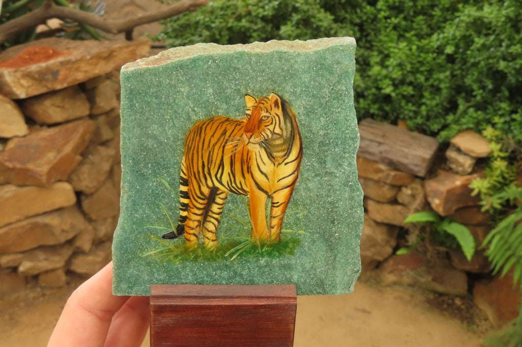 Hand Made Tiger Decoupage on Green Fuchsite Stone Slabs - sold per item - From Zimbabwe - Toprock Gemstones and Minerals 