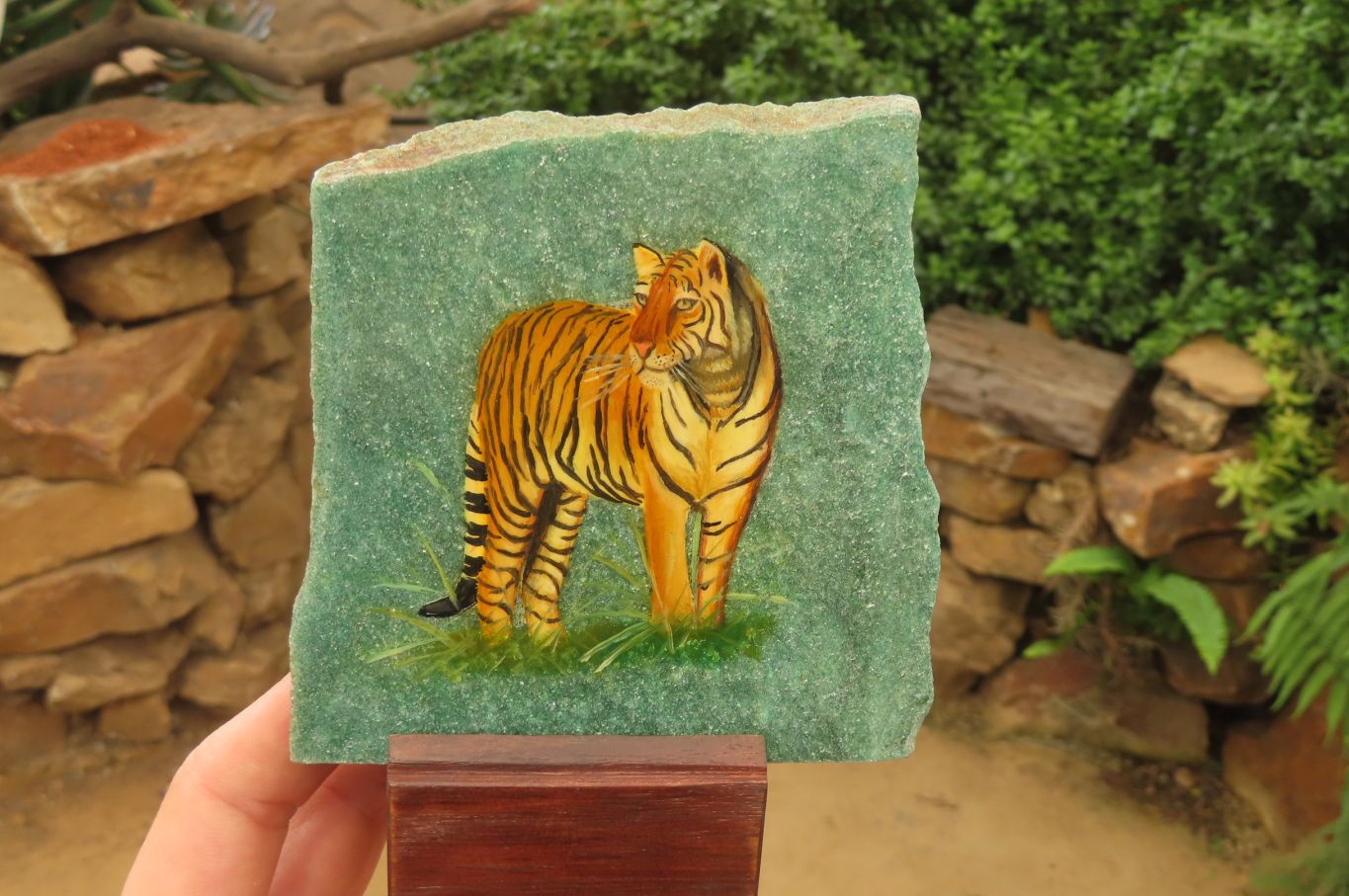 Hand Made Tiger Decoupage on Green Fuchsite Stone Slabs - sold per item - From Zimbabwe - Toprock Gemstones and Minerals 