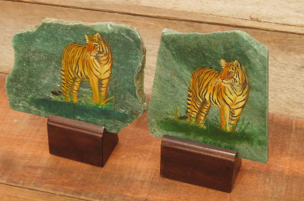 Hand Made Tiger Decoupage on Green Fuchsite Stone Slabs - sold per item - From Zimbabwe - Toprock Gemstones and Minerals 