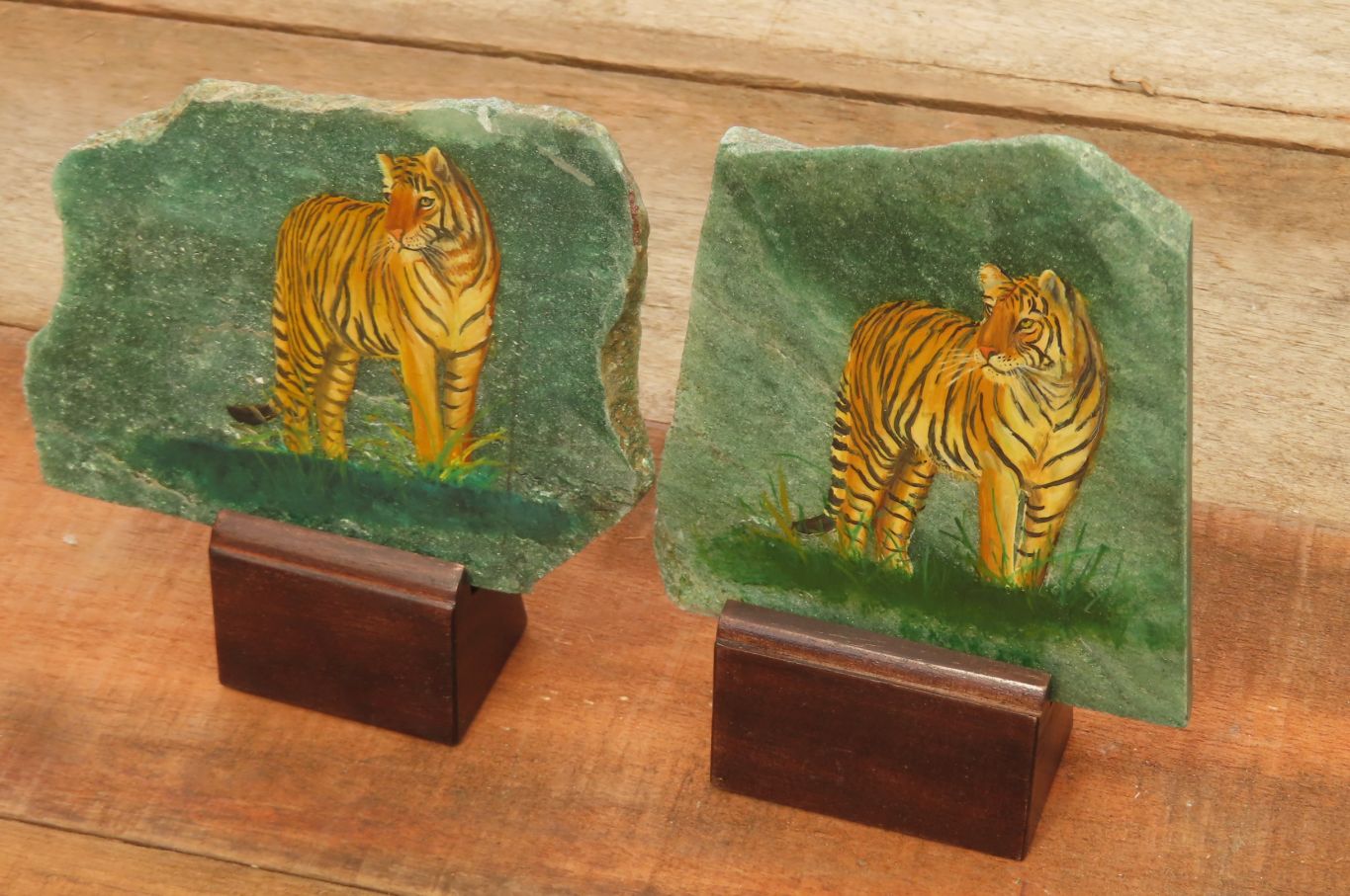 Hand Made Tiger Decoupage on Green Fuchsite Stone Slabs - sold per item - From Zimbabwe - Toprock Gemstones and Minerals 