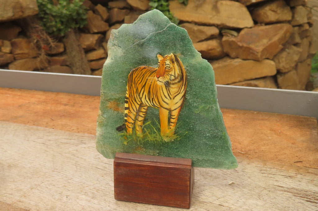 Hand Made Tiger Decoupage on Green Fuchsite Stone Slabs - sold per item - From Zimbabwe - Toprock Gemstones and Minerals 