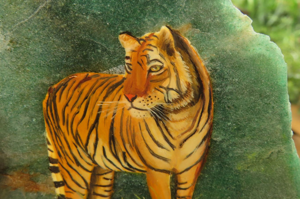 Hand Made Tiger Decoupage on Green Fuchsite Stone Slabs - sold per item - From Zimbabwe - Toprock Gemstones and Minerals 